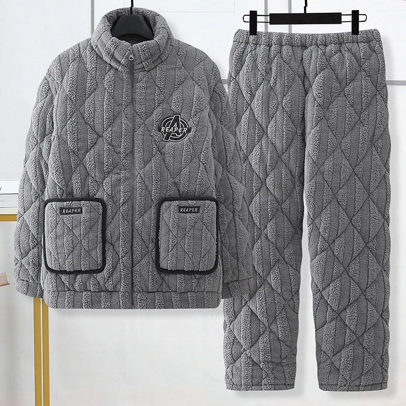 保暖睡衣男款三层夹棉加绒加厚法兰绒新款男士珊瑚绒家居服套装冬