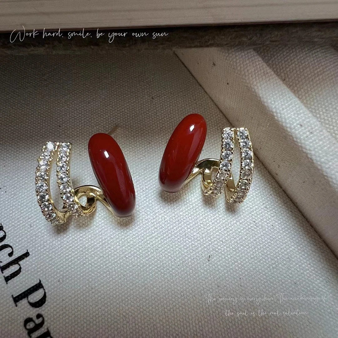 铜合金耳饰 【酒红舞会】法式复古滴油酒红色爱心耳环设计时尚耳饰