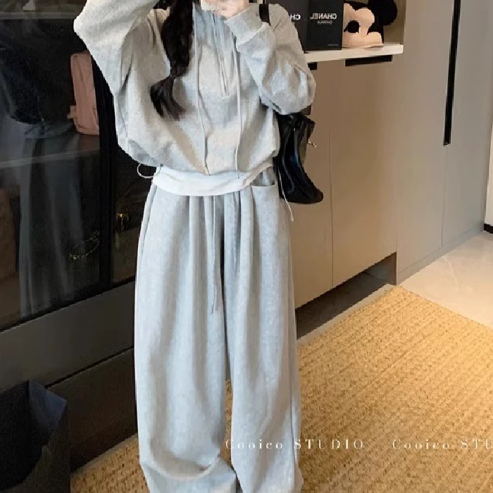 休闲套装高腰显瘦阔腿两件套2024设计感运动时尚连帽洋气卫衣套装