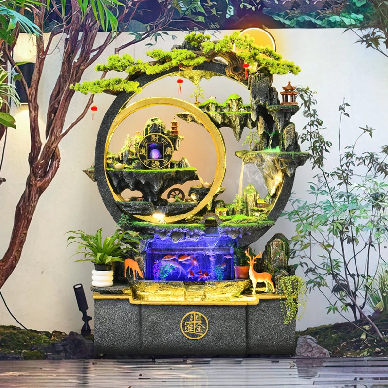 大型假山喷泉鱼缸落地风水轮客厅办公室高山流水摆件循环水景生财