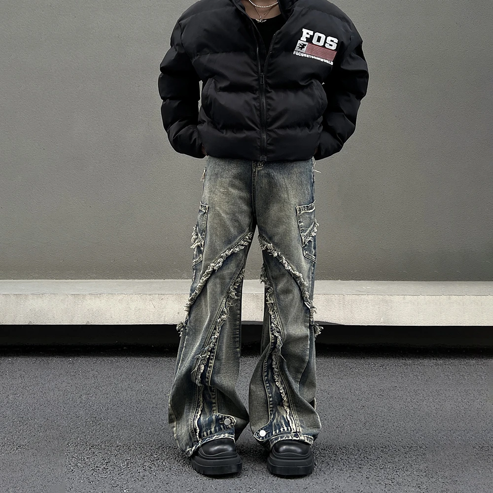BLAEXIT美式高街毛边流苏破坏拼接牛仔裤男直筒微喇水洗重工长裤