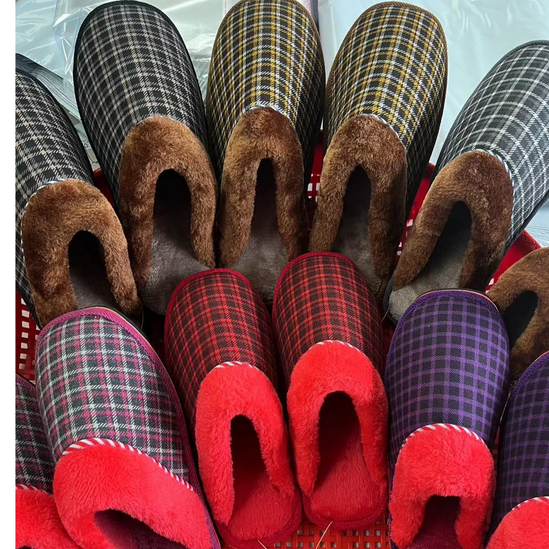 4双格子款式毛口棉拖鞋颜色随机发货软底居家厚底保暖