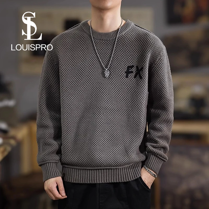 Louispro冬季重磅加厚针织毛衣男宽松大码美式刺绣圆领休闲套头
