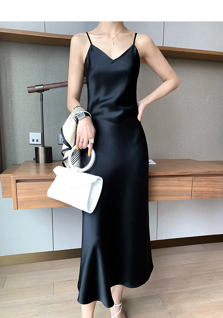 深圳南油（细肩带）修身斜裁显瘦醋酸长款通勤吊带连衣裙可调节肩带