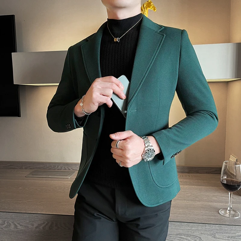 秋冬季新款休闲西装外套男潮牌高级感商务正装韩版修身华夫格西服