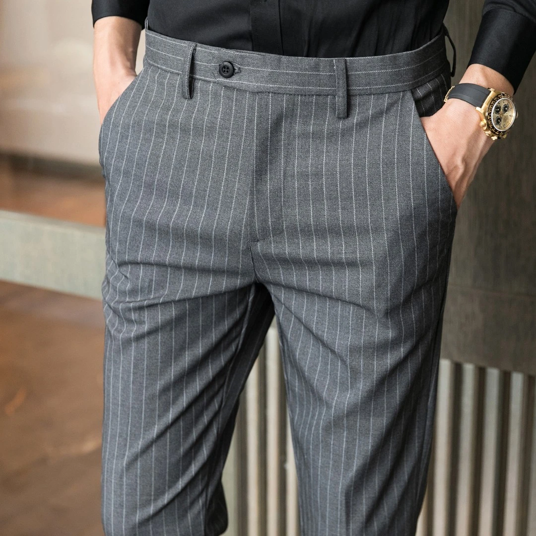 春秋休闲西裤男长裤高级感商务正装修身小脚条纹垂感九分西装裤子