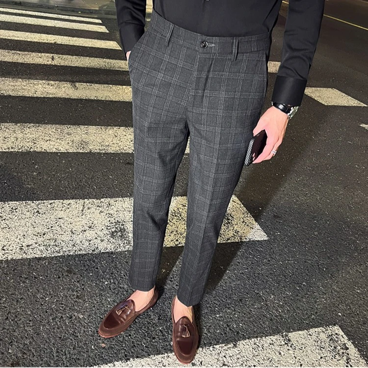 格子休闲西裤春夏季2023新款高级感男士痞帅垂感商务小脚西装裤子