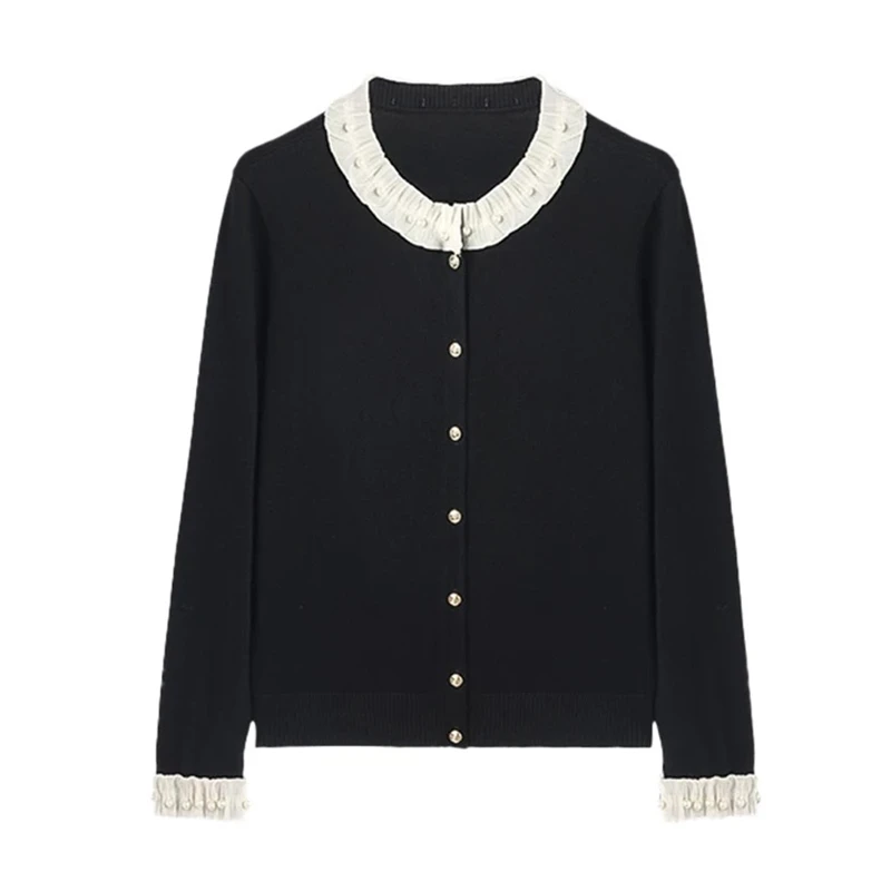 时尚气质百搭设计款荷叶领针织开衫女上衣0290