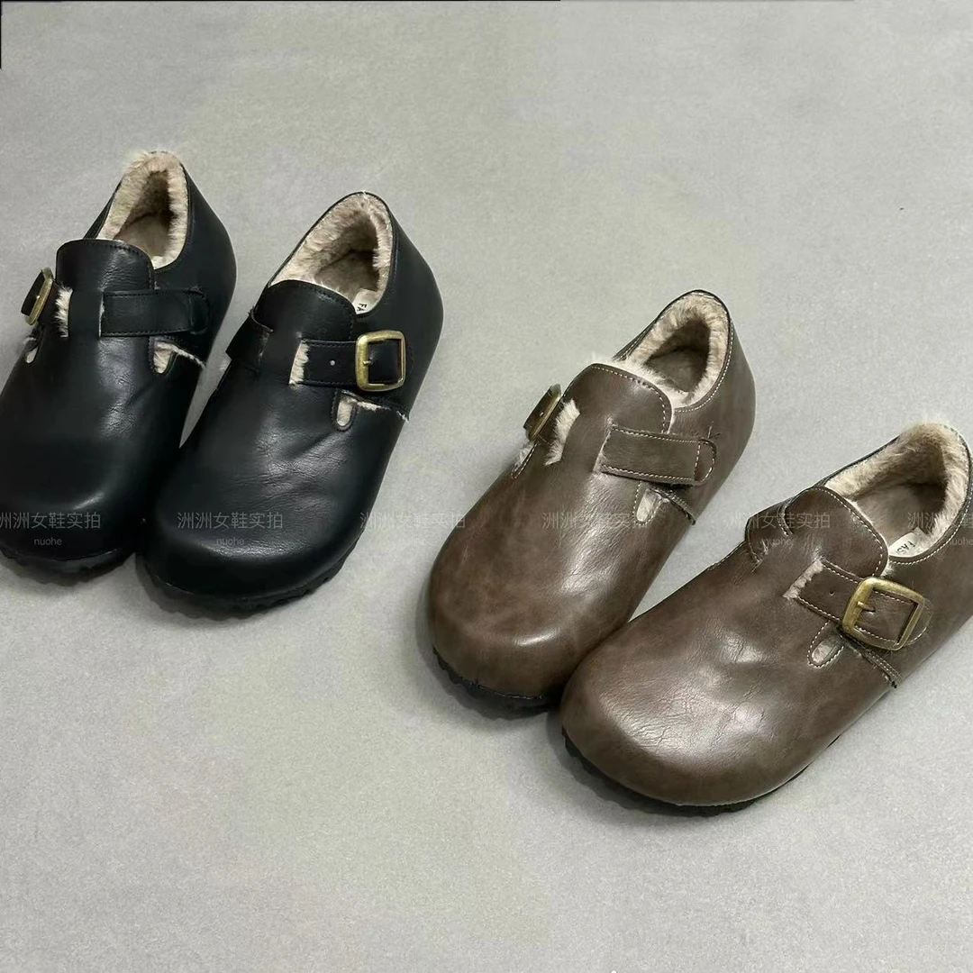 皮面全包勃肯鞋女加绒保暖雪地靴2024新款冬季豆豆鞋博肯毛毛棉鞋