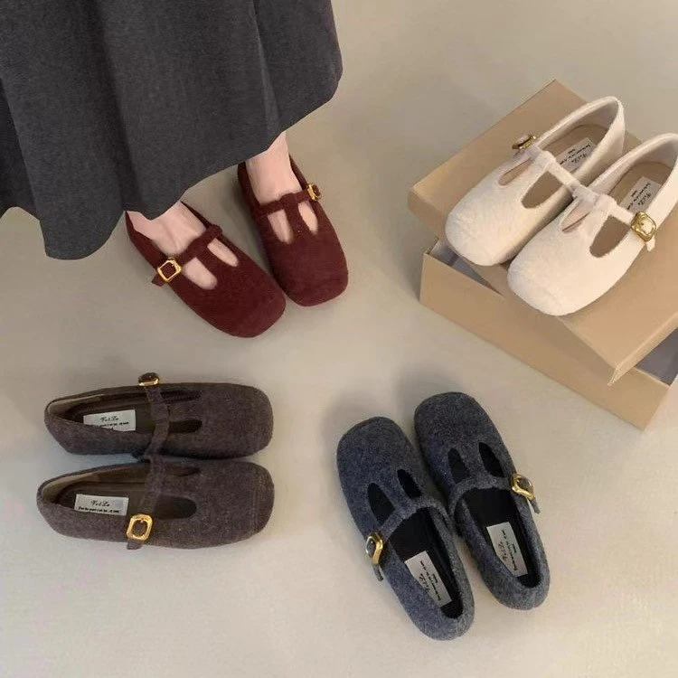 复古玛丽珍鞋女2024秋季新款法式气质优雅呢子方头浅口软底晚晚鞋