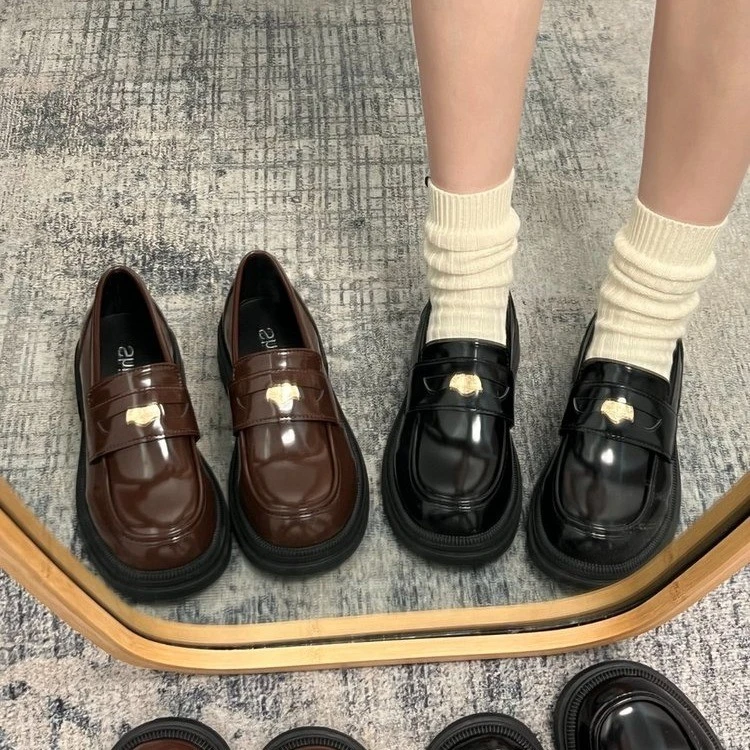 百搭英伦风复古黑色厚底小皮鞋女2024新款夏季一脚蹬法式乐福单鞋