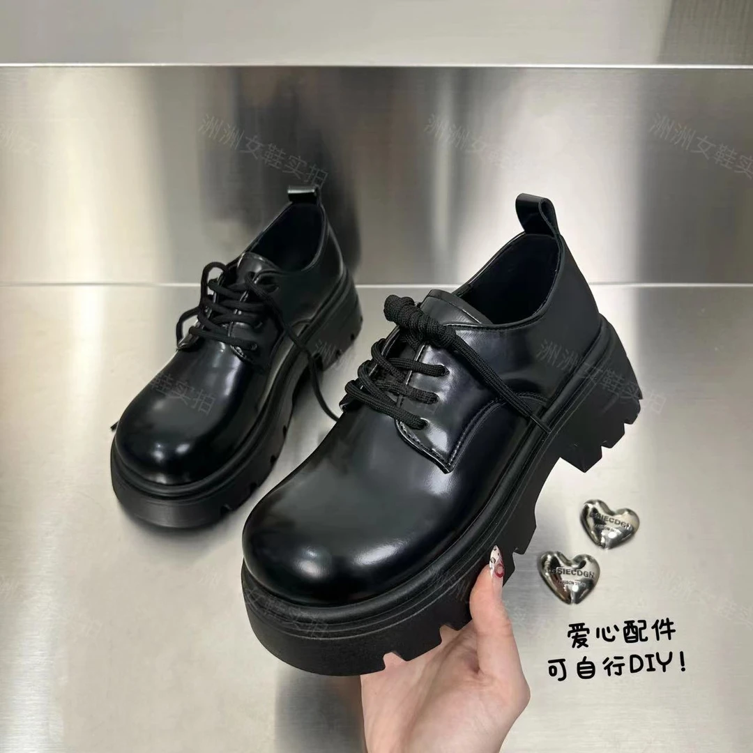 清货价~黑色大头系带厚底增高小皮鞋女2024秋季新款复古英伦风