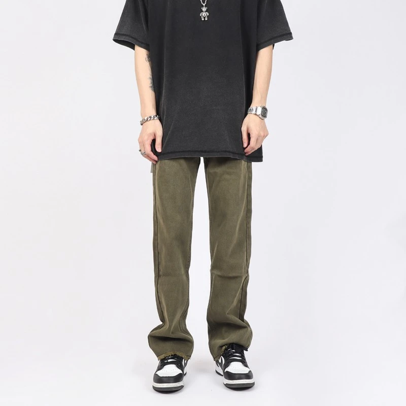 Z POCKET美式复古宽松直筒牛仔裤军绿色休闲裤男裤子男款工装裤