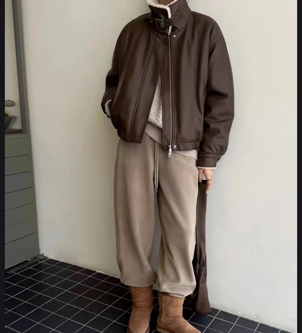 3202号8561#秋冬加绒百搭双口袋休闲皮外套G13-34