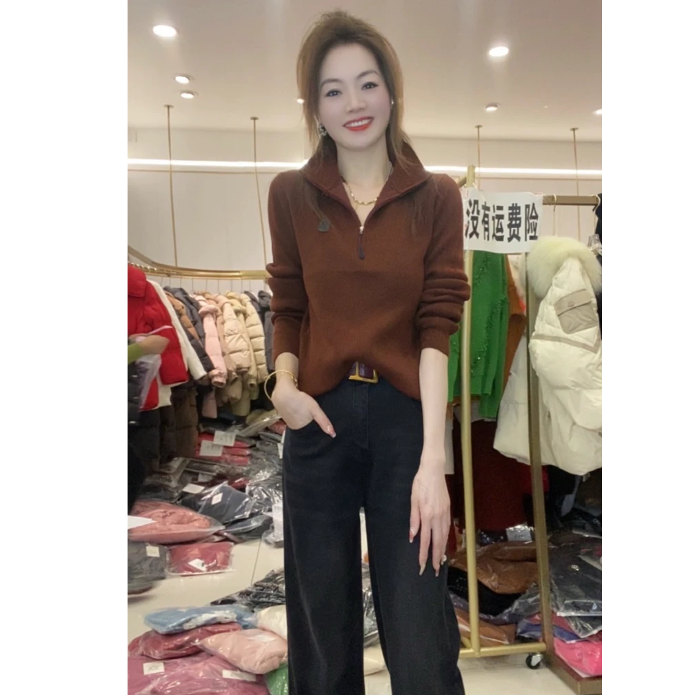 2024冬季新款时尚百搭加厚一体绒半拉链针织上衣