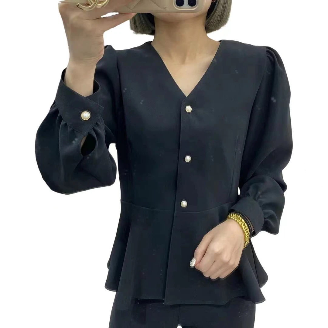 上衣显瘦长袖气质收腰黑色