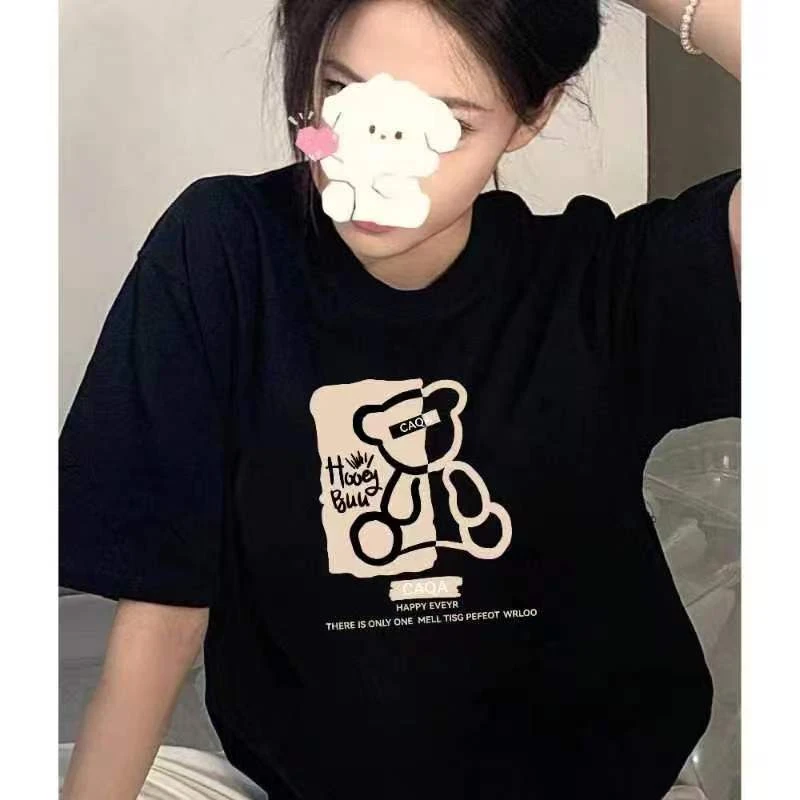 CAQA复古小熊印花夏季百搭设计感短袖T恤宽松小众穿搭圆领上衣