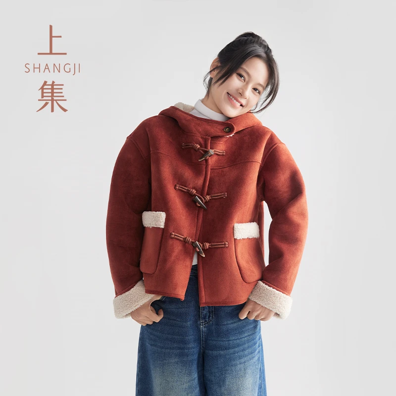 SHANGJI/上集学院风牛角扣毛呢外套女短款棉大衣/XS916044