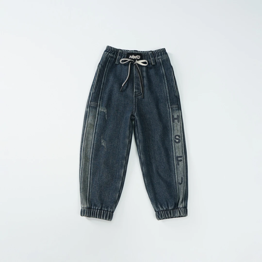 男女童加绒牛仔裤2023秋冬新款宽松保暖时尚印花长裤 DBC33232