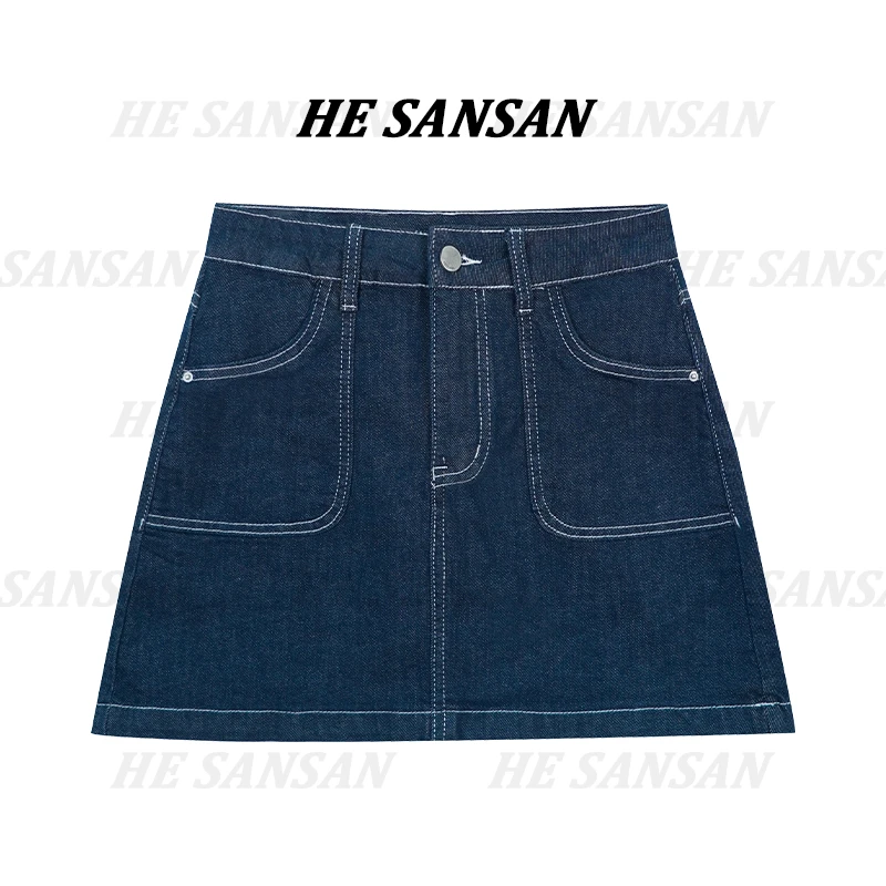 【SANSAN】大口袋蓝色气质高腰百搭显瘦牛仔半身裙DY-3099