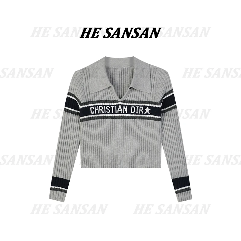 【SANSAN】气质翻领百搭长袖套头轻奢撞色上衣DY-1516