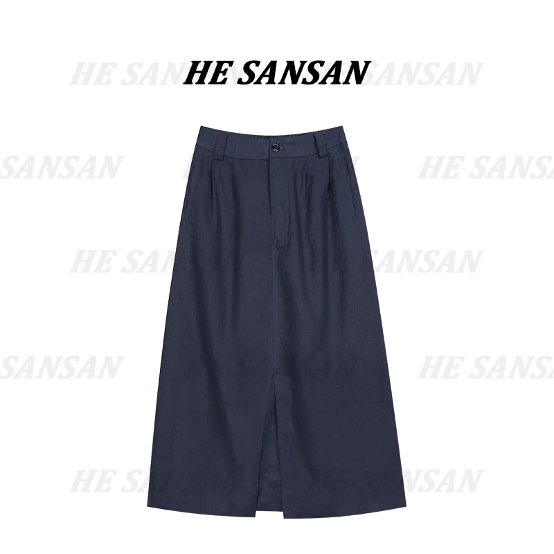 【SANSAN】高腰显瘦百搭夏季开叉显瘦亚麻半身裙DY-6986