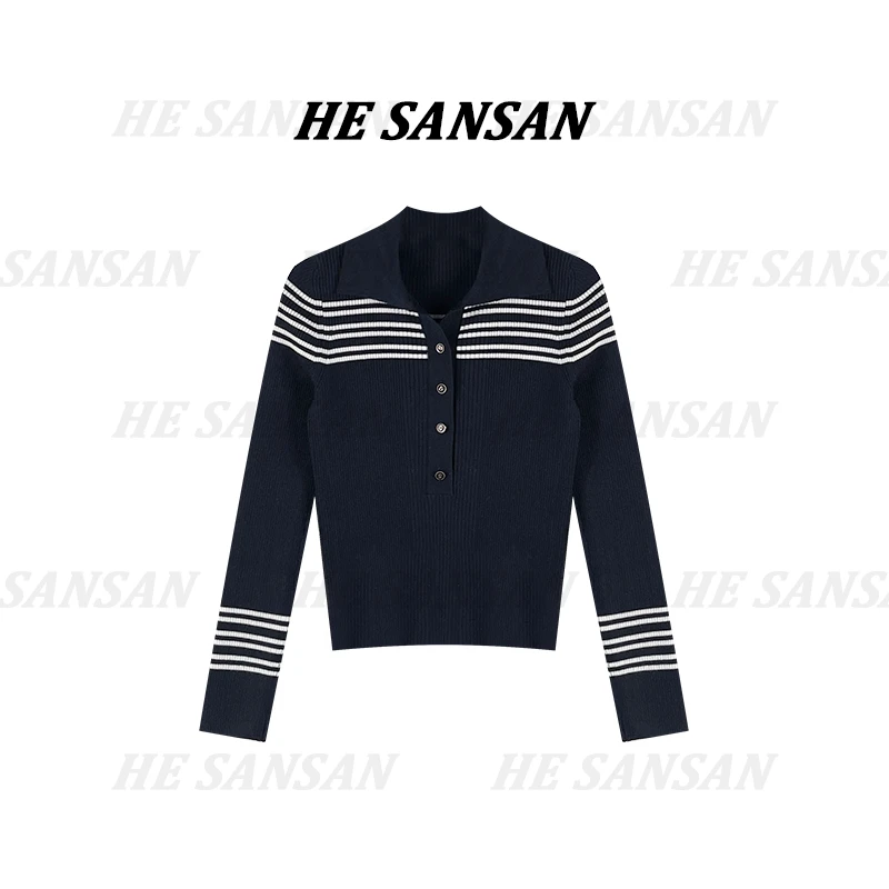 【SANSAN】气质翻领百搭撞色条纹设计款长袖套头上衣DY-1471