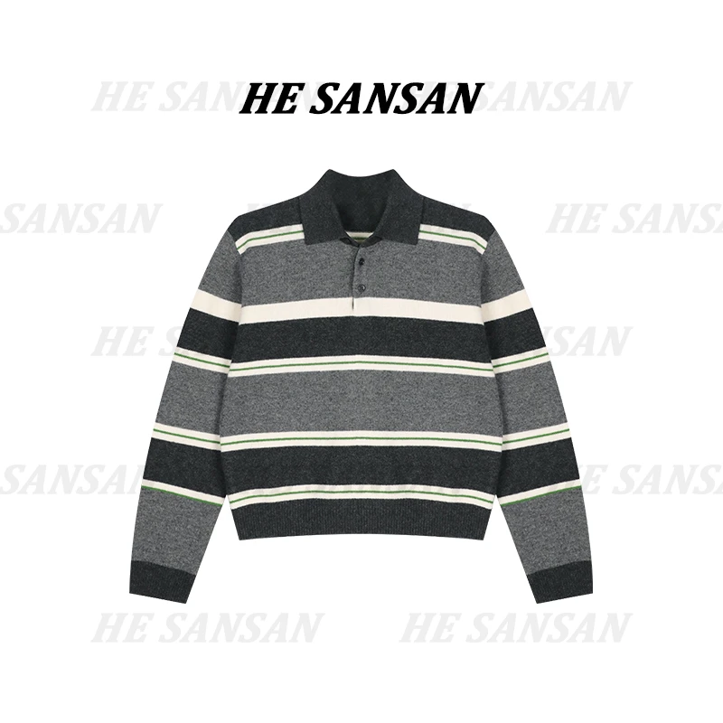 【SANSAN】套头翻领百搭条纹长袖气质上衣DY-4003