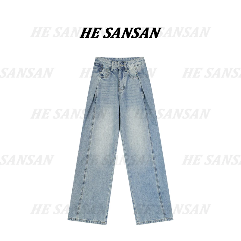 【SANSAN】高腰直筒休闲百搭蓝色水洗牛仔裤DY-3816