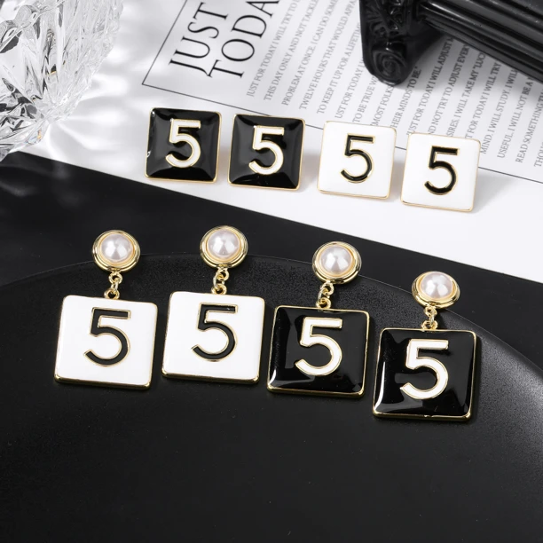 铜合金珐琅耳饰 黄铜5字黑白滴油耳钉女耳环