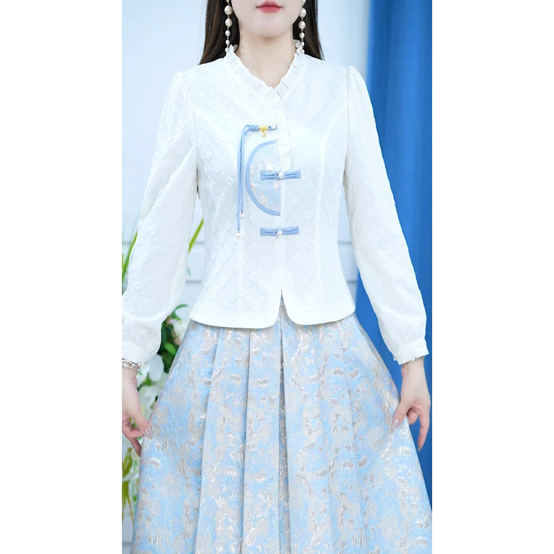【两件套】上衣+半身裙显白收腰花边木耳领女装套装裙M-5XL