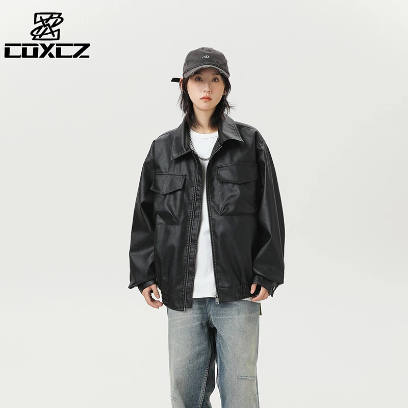 COXCZ美式复古秋冬新款皮衣百搭女宽松休闲短款韩版帅气翻领情侣