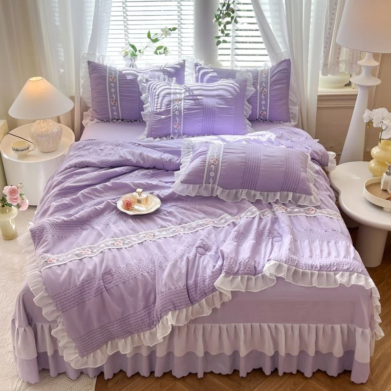 新款泡泡纱夏凉被四件套公主风小花边夏季薄被子空调被床品套件