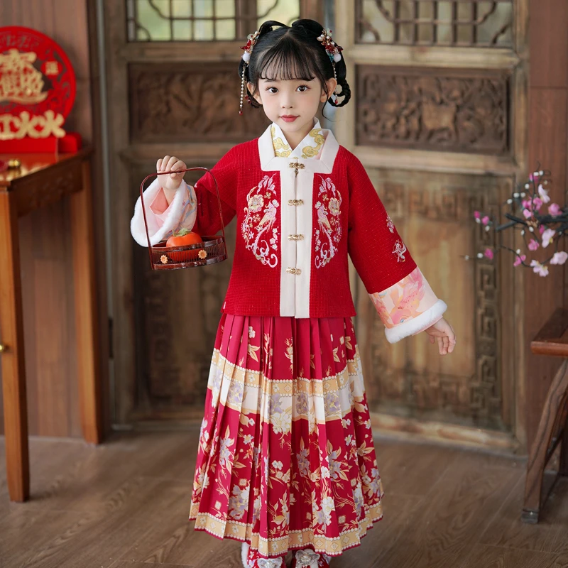 2024冬季新款女童马面裙套装儿童中国风斜襟上衣明制印花加绒套装