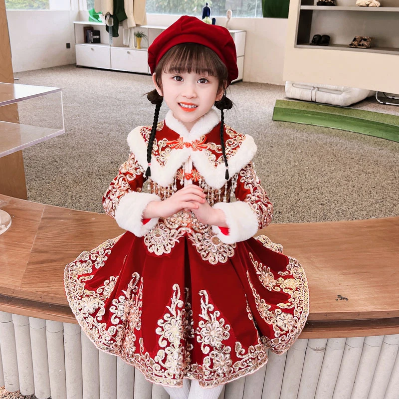 女童唐装冬款拜年服2025新款汉服公主裙秋冬款拜年服儿童新年衣服