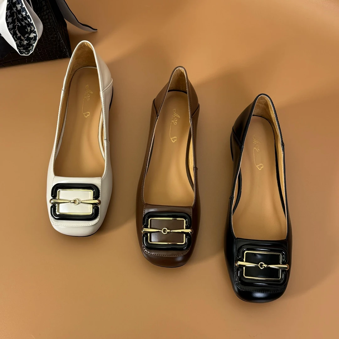 低跟真皮单鞋气质时尚复古百搭法式高跟粗跟浅口方头中跟拼色