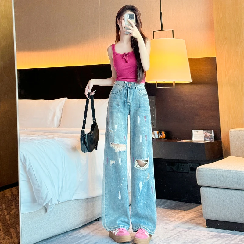 复古高街破洞牛仔裤女2025年秋季新款直筒宽松油漆彩绘显瘦阔腿裤
