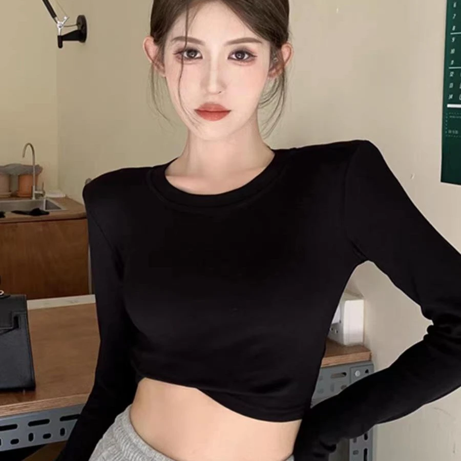 小个子打底衫破洞t恤2025年夏季薄款百搭内搭长袖紧身上衣女纯色