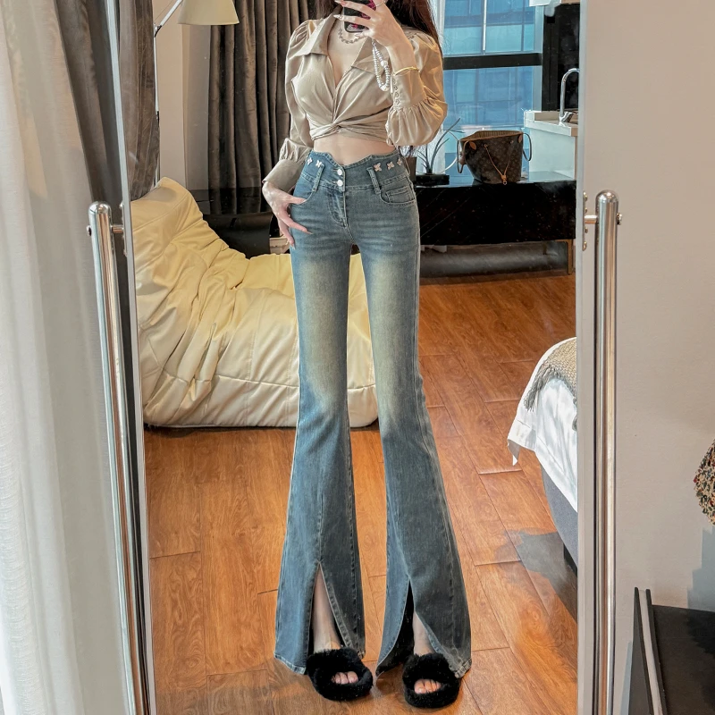高腰微喇开叉牛仔裤女2025秋季新款显瘦小个子设计感修身喇叭裤子
