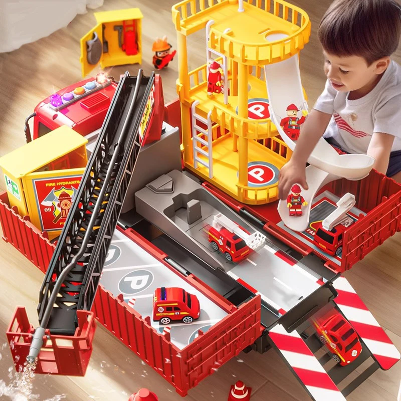 儿童货柜车消防云梯车大型卡车可喷射消防汽车工程车玩具套装男孩