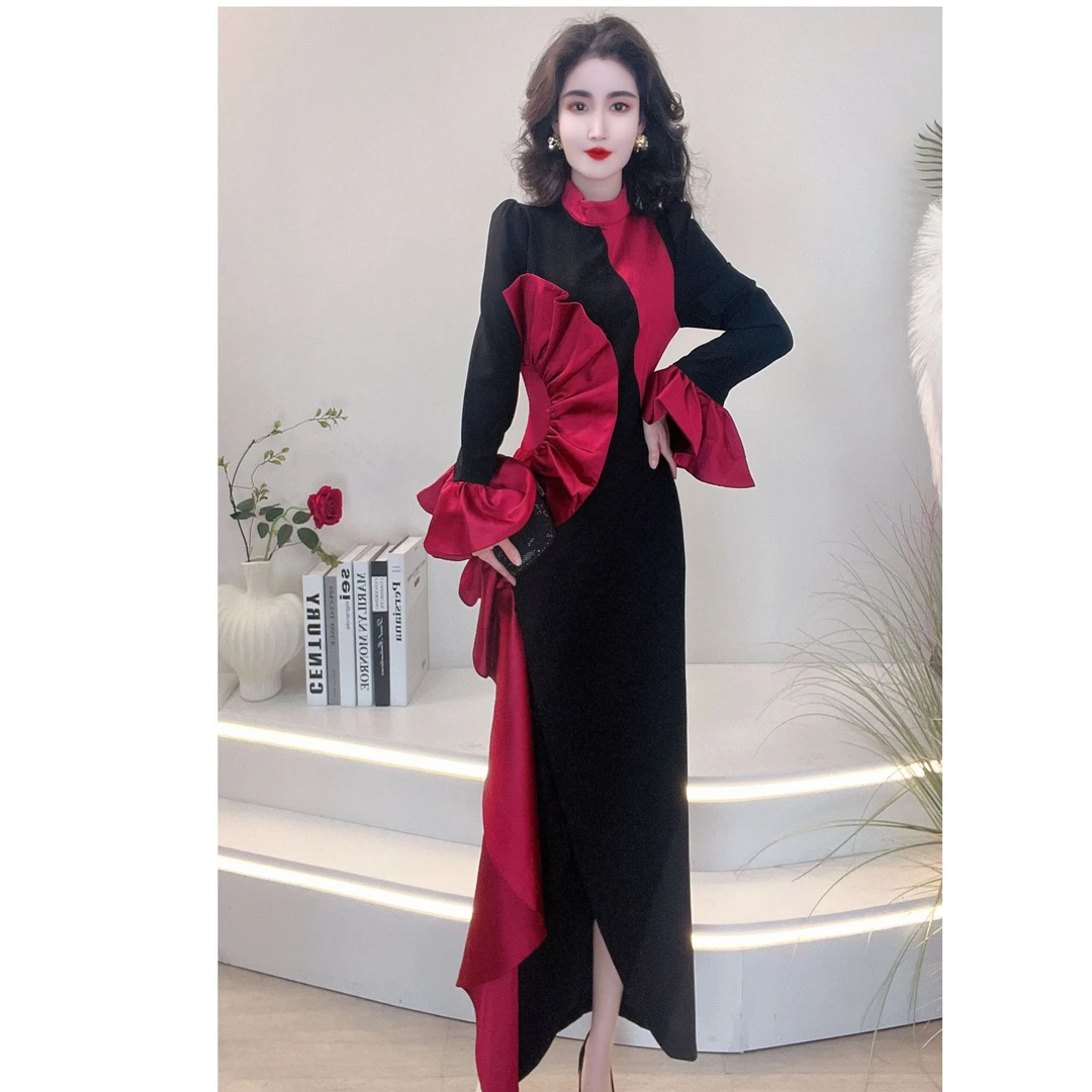 2024秋冬时尚气质显瘦法式长款连衣裙赫本风高端轻奢裙885280