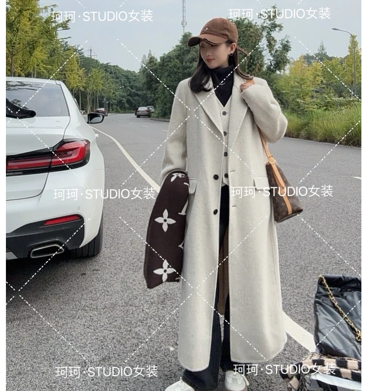 2024新款假两件手工缝制西装领双面羊毛大衣女宽松气质3004