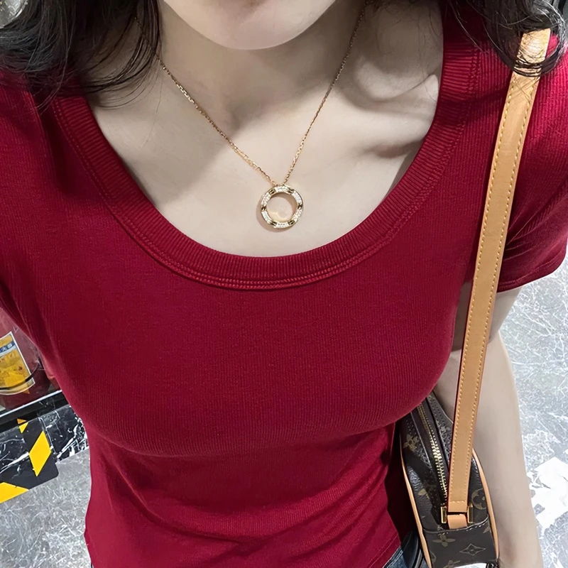 正肩U领短袖t恤衫女夏季新款低领锁骨修身显瘦休闲百搭上衣ins潮