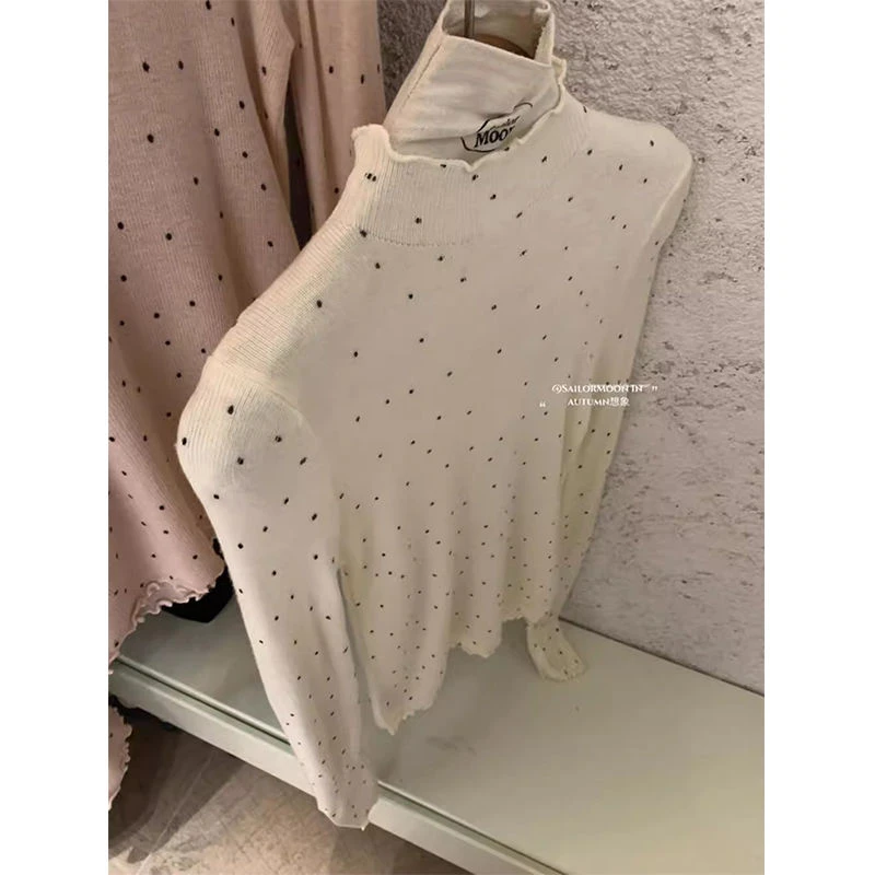 设计感半高领波点长袖打底衫女秋冬新款木耳边修身显瘦百搭上衣潮