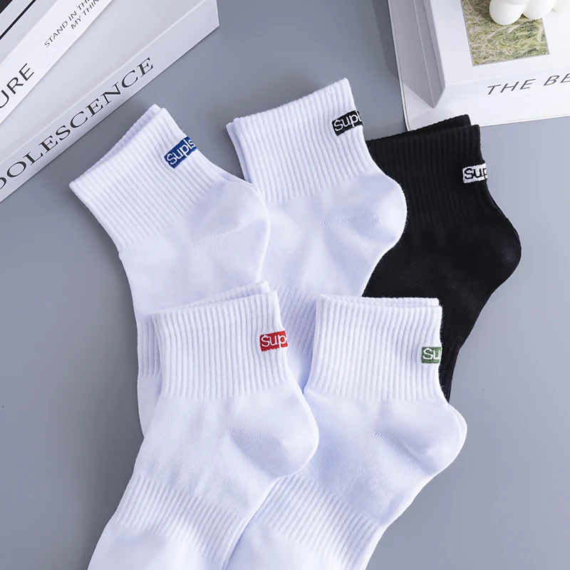 纯棉袜子男士夏季中筒袜白色男士学生青少年短筒吸汗防臭短款