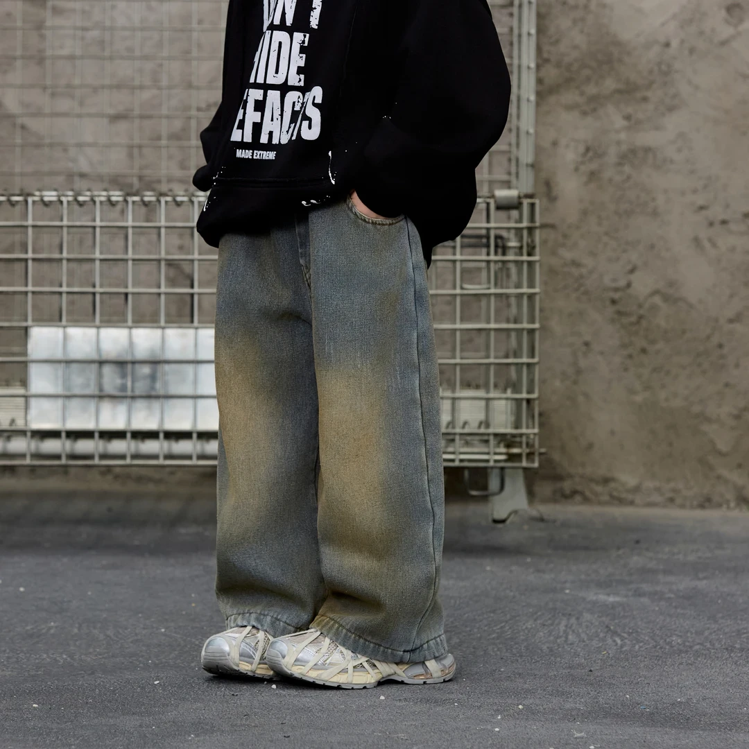 儿童秋冬加绒牛仔裤中大童韩版潮酷高街直筒复古水洗做旧百搭长裤