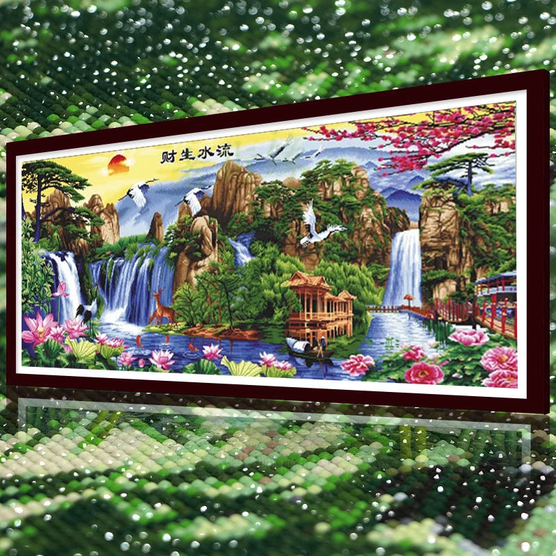 流水生财风景山水画2025新款水晶钻石画满钻点钻十字绣客厅砖石秀