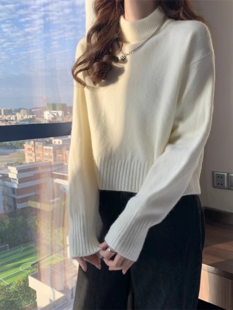 半高领白色毛衣女加厚秋冬大衣内搭打底衫2024新款小个子短款上衣