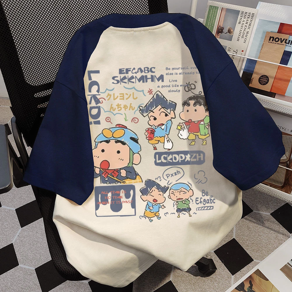 纯棉日系卡通小新印花短袖t恤女学院风百搭bf风拼色插肩袖女上衣