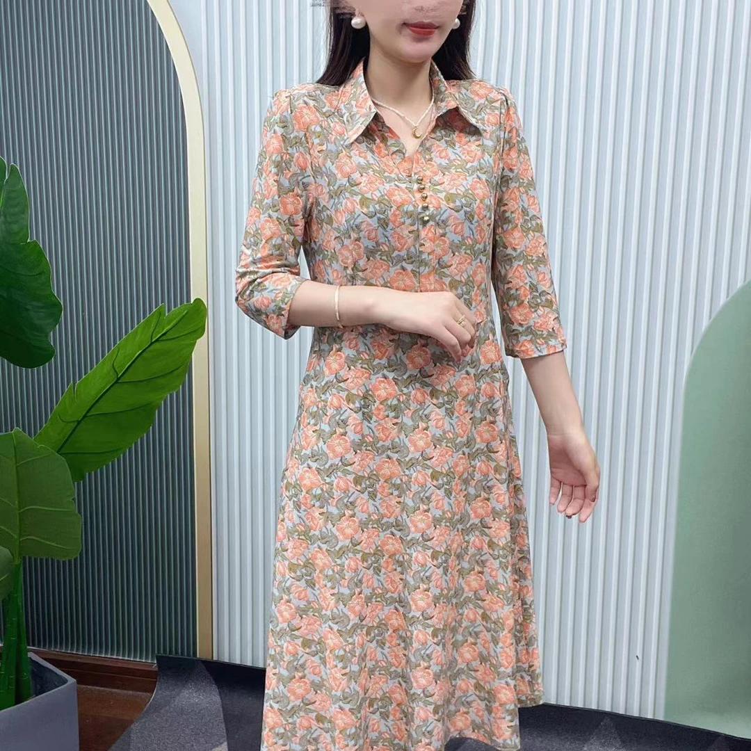女装连衣裙夏季宽松显瘦七分袖有口袋碎花洋气收腰大码连衣裙